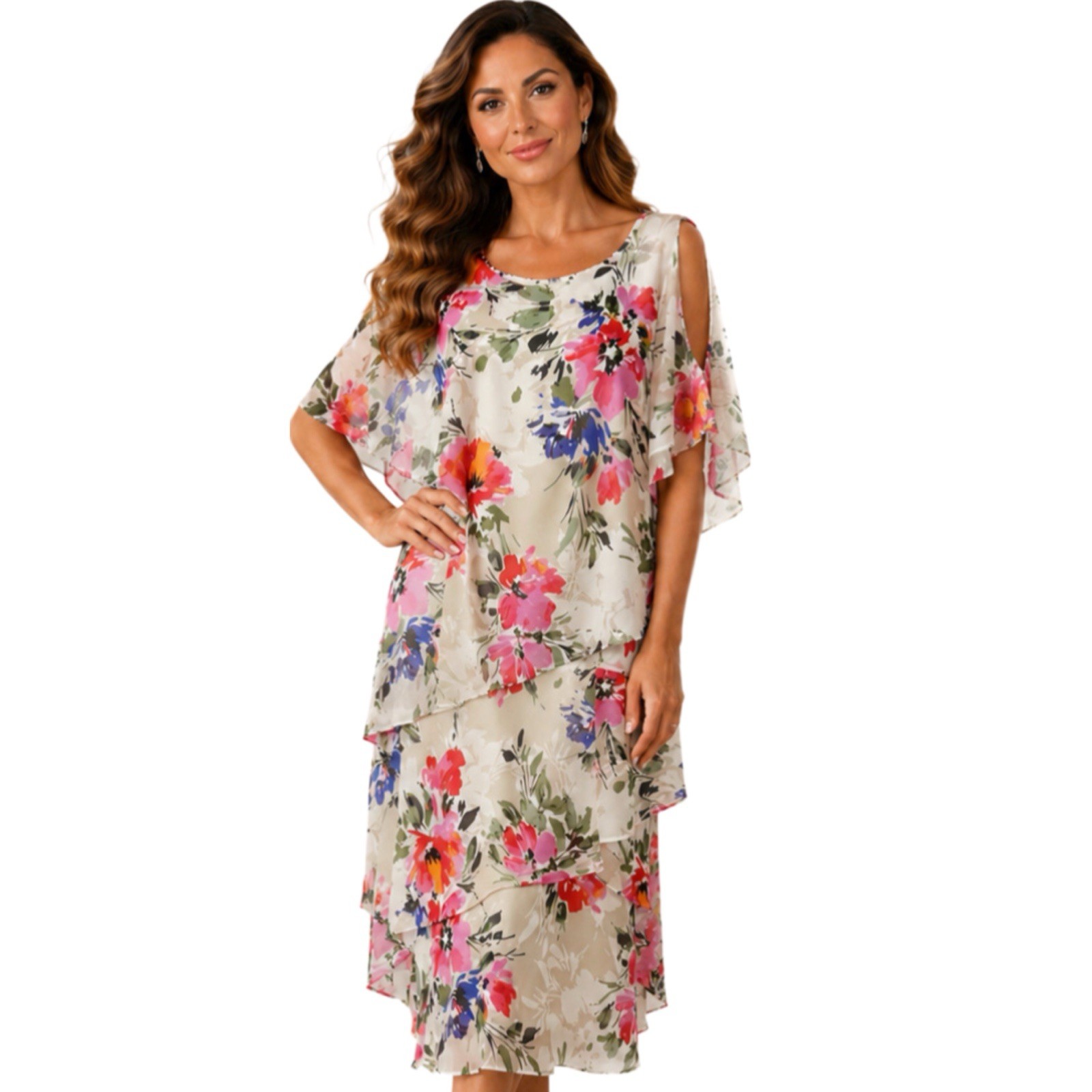 Nightingales Floral Dress Uk 20 Split Sleeve Chiffon Layered Dress Wedding Races