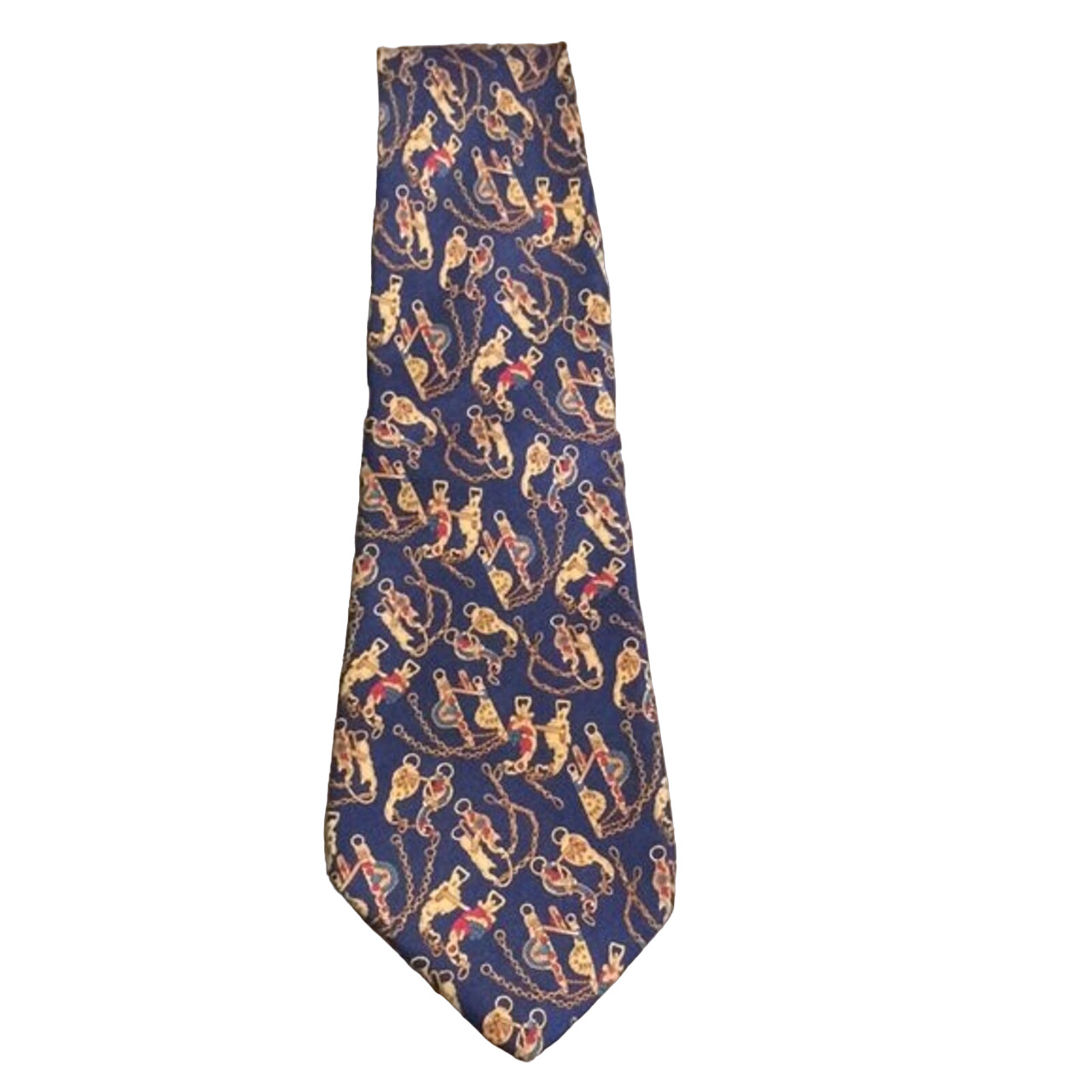 Salvatore Ferragamo Blue Gold Horse Bit Silk Tie Made in Italy Designer Preppy
