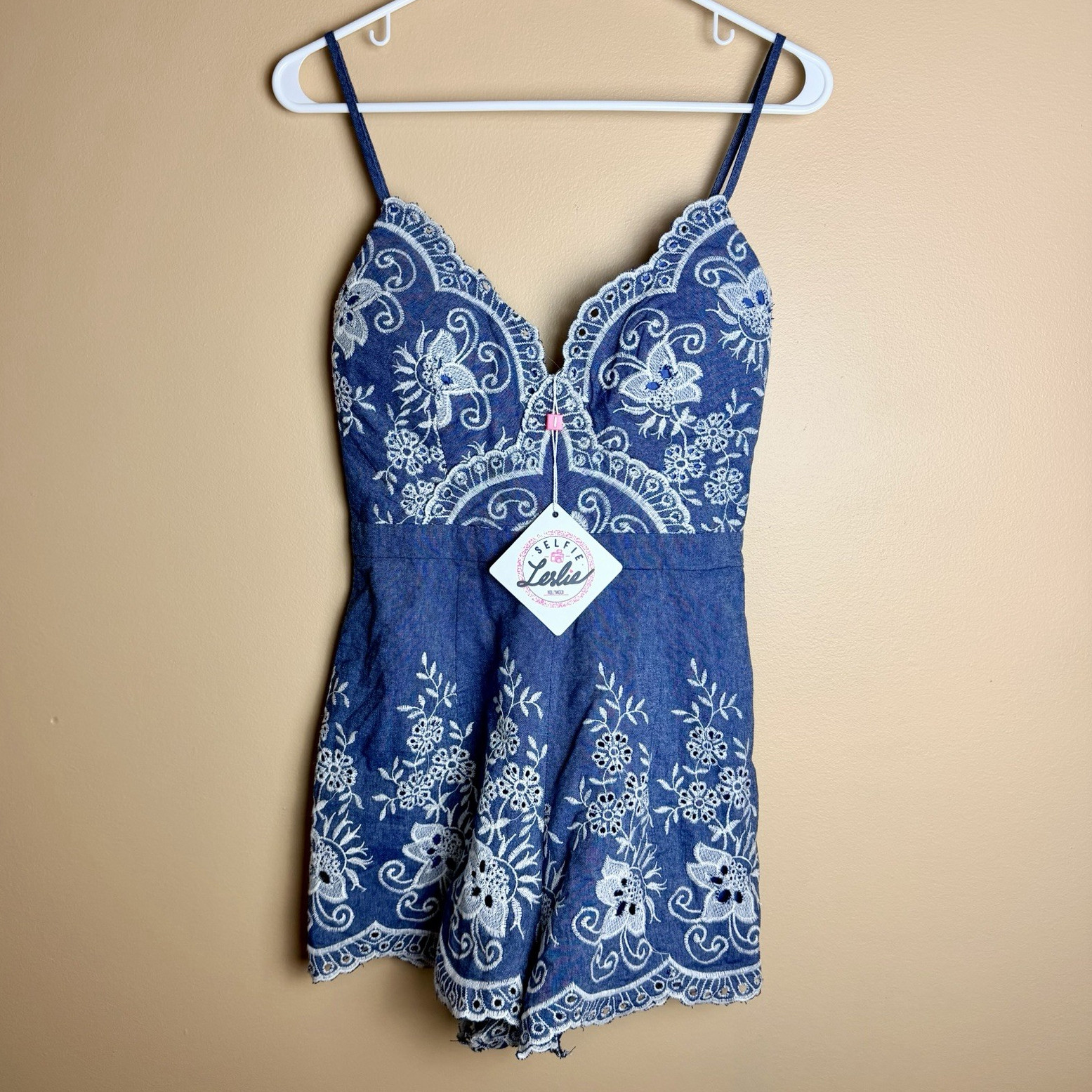 Selfie Leslie Forever 21 Lace Embroidered Denim Romper *new with tags*