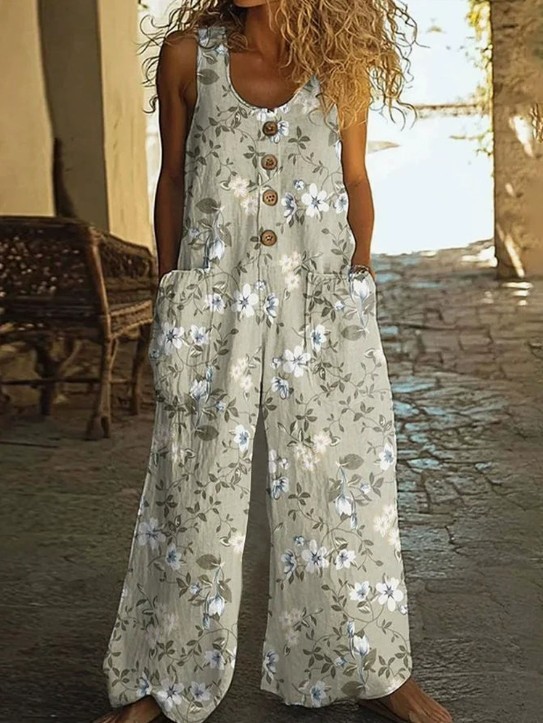 Women Sleeveless Wide Leg Jumpsuit Floral Print Loose Pocket Long Overall Romper