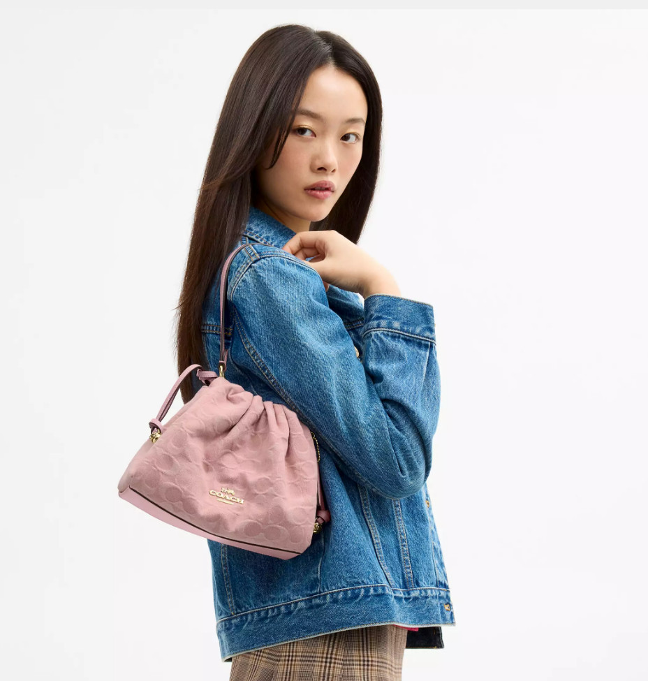 COACH Faye Drawstring Bag Signature Denim Light Pink CFD03 IMNH1 Auth New
