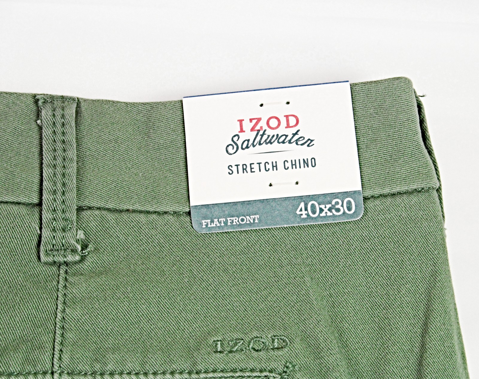 Izod Saltwater Chino Pants Mens 40×30 Green Stretch Straight Flat Front $65 NEW