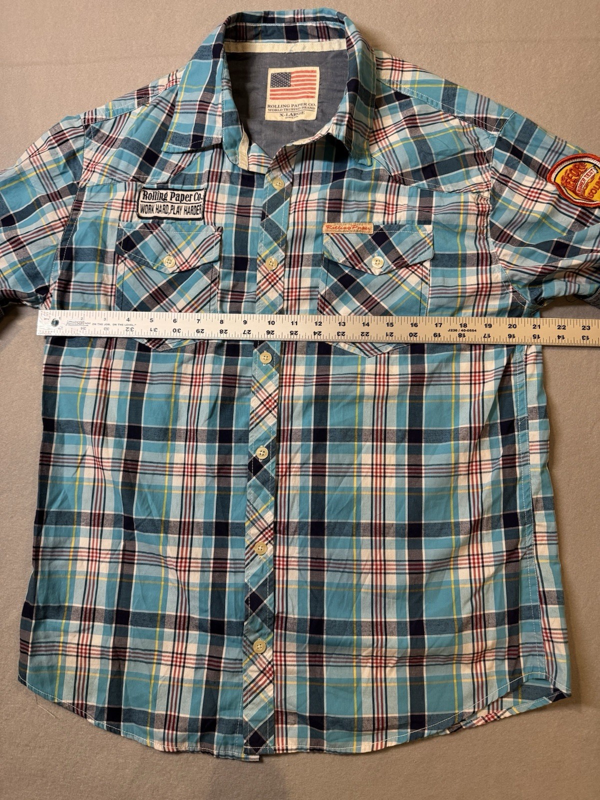 Rolling Paper Co. Plaid Short Sleeve Button-Up Shirt Pockets Patches Men’s XL