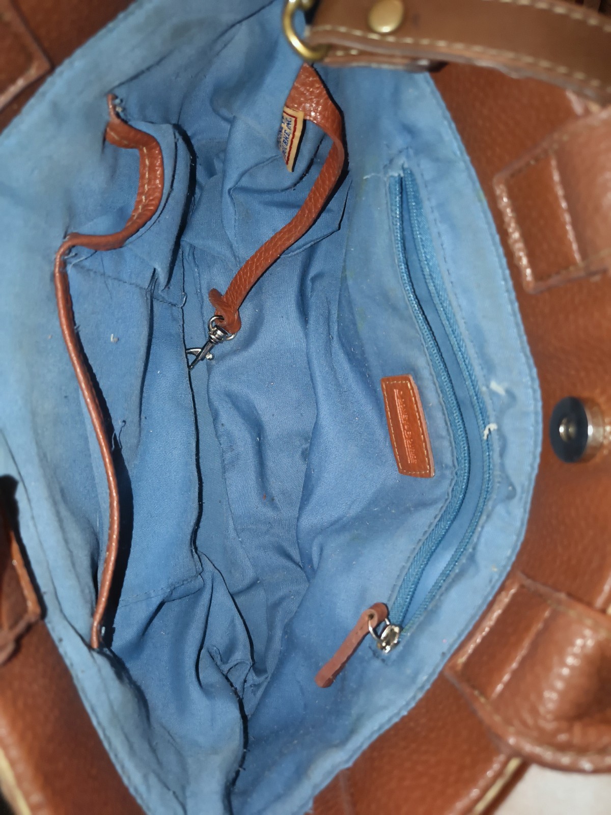 Dooney & Bourke Logo Satchel Top Handle Beige Brown Strap Blue Lining Gold