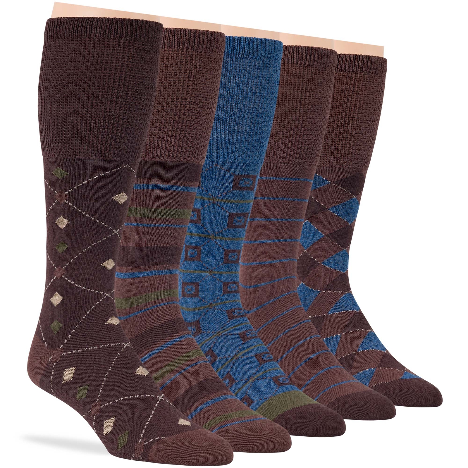 Men Diabetic Cotton Mid-Calf Socks 5 Pack XLarge Argyle Stripe Brown Denim Blue
