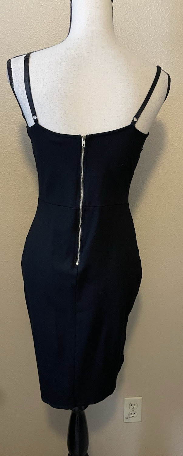 Haute Monde Black Bodycon Dress, Lace Accents, Adjustable Straps, Size L