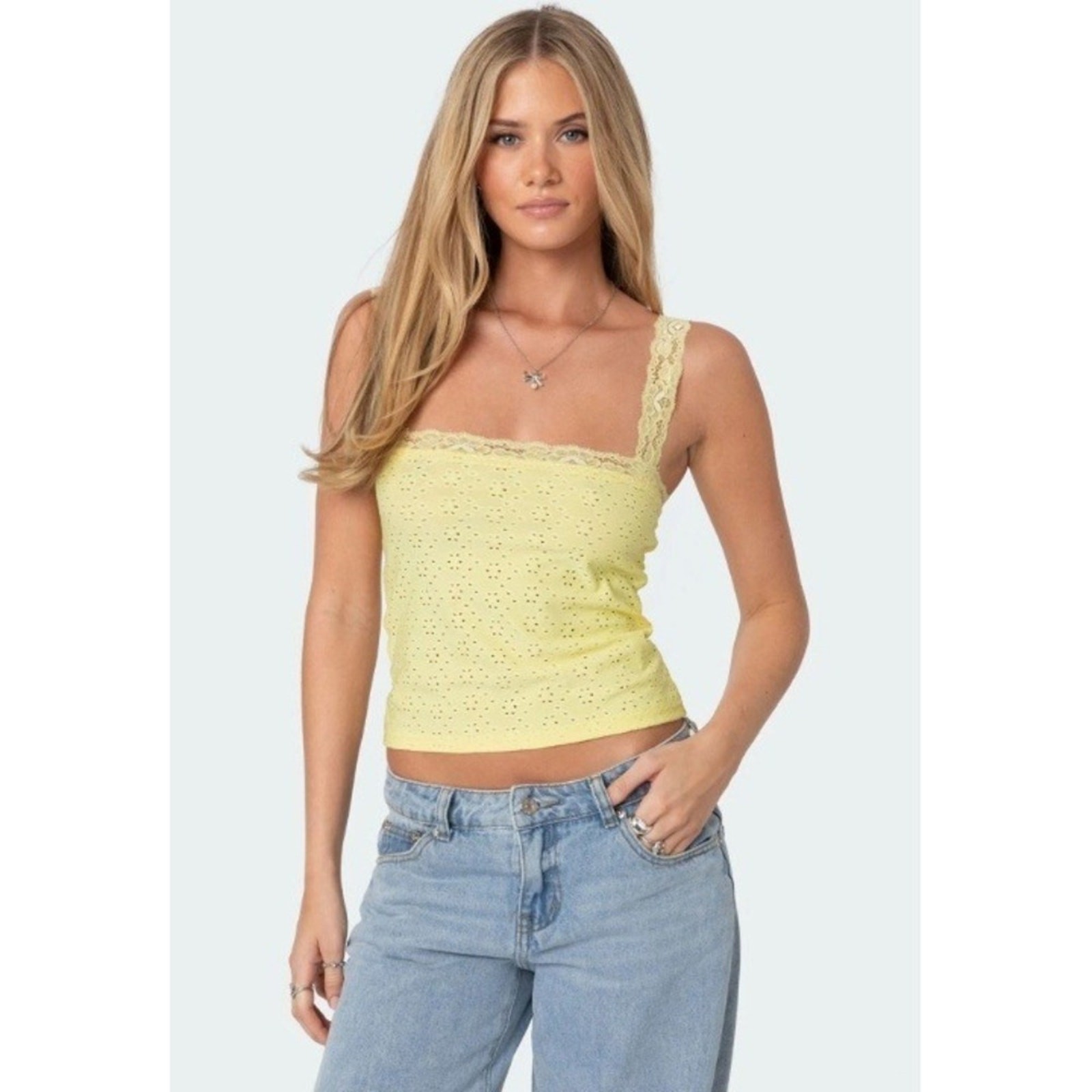 Edikted | Yellow Eyelet Lace Trim Cami Tank Top Pointelle Square Neck | Medium