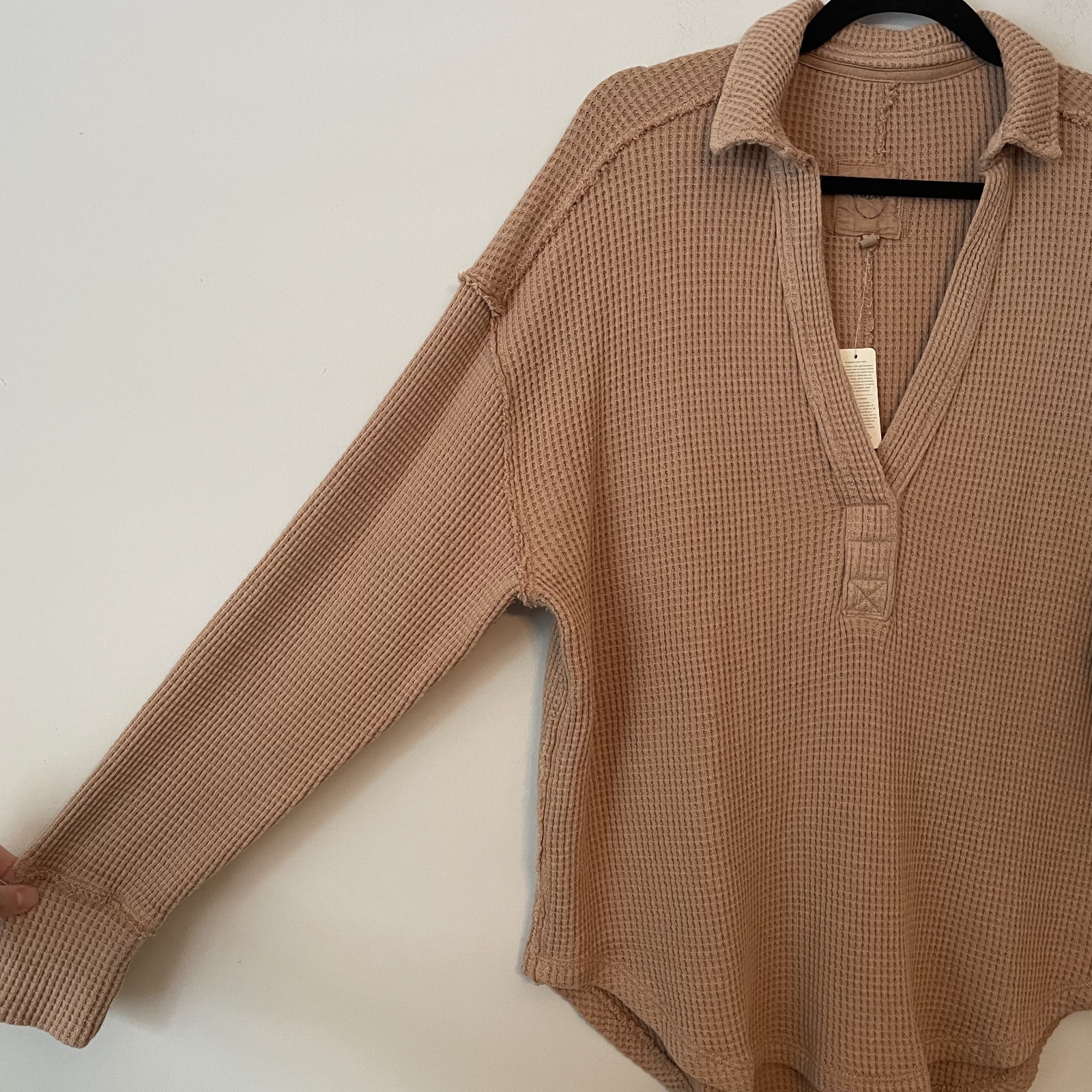 NWT Aerie Waffle Knit Collared Pullover Tan Sz S Oversized Slouchy Travel Lounge