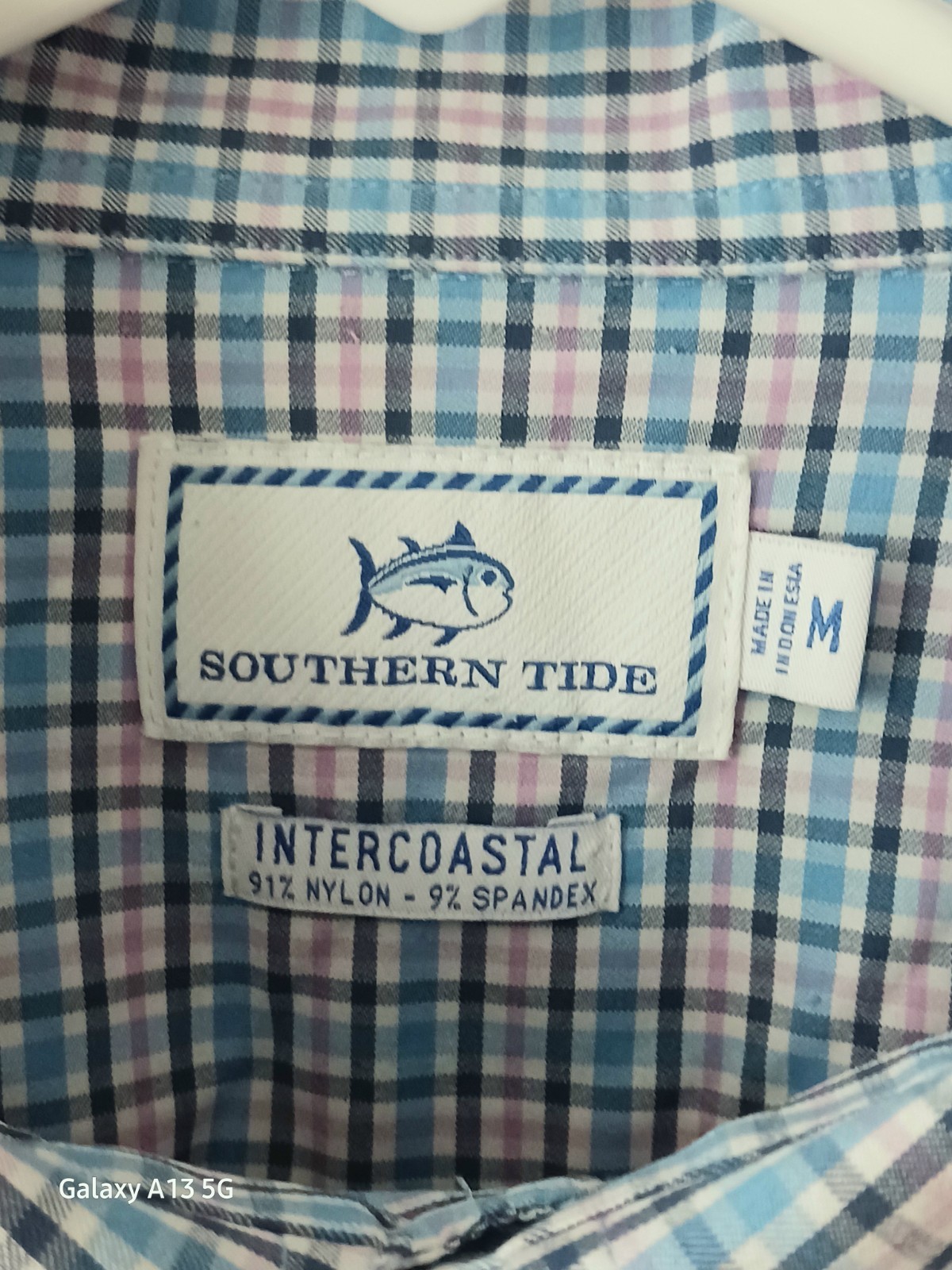 Southern Tide Intercoastal Blue Pink Check Nylon/Span LS Shirt Logo Men’s M EUC
