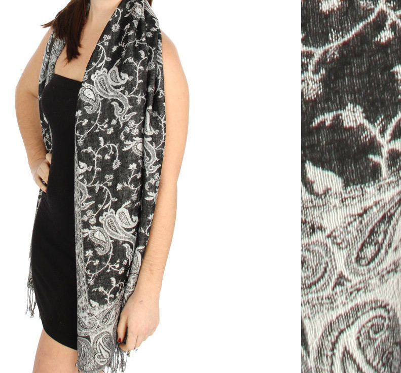 12 PCS Fashion Outlined Paisley Pashmina Scarf Assorted Color – Bulk Wholesale