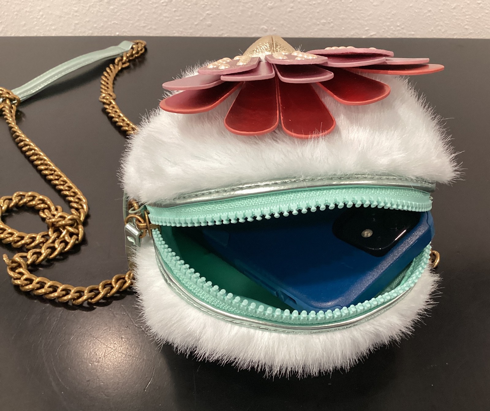 Kurt Geiger Faux Fur Soft Eagle Bag 6″ x 6″ x 4.5″ Crossbody Blue Pink Crystals
