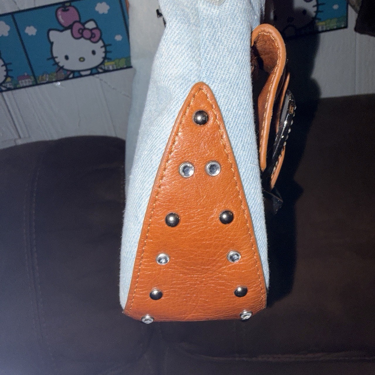 Charm and Luck Blue Brown Shoulder Bag, Zip, Rhinestone Buckle, Pockets