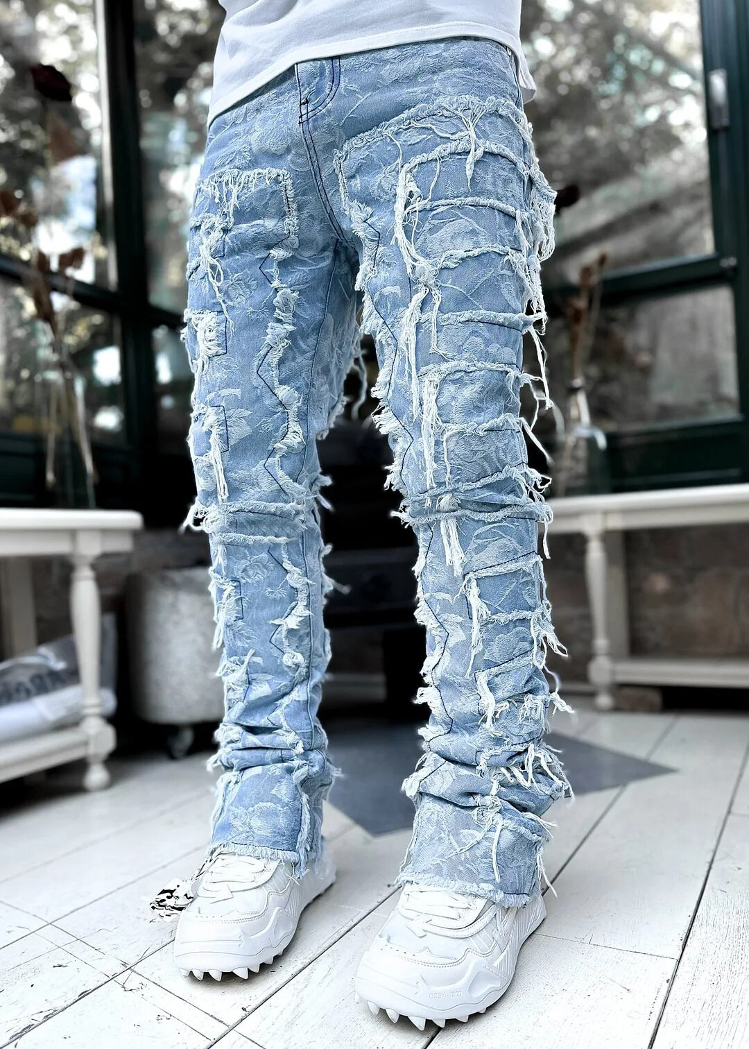 Men Fashion Jeans Street Stretch Patch Skinny Denim Straight Stacked Slim Pants