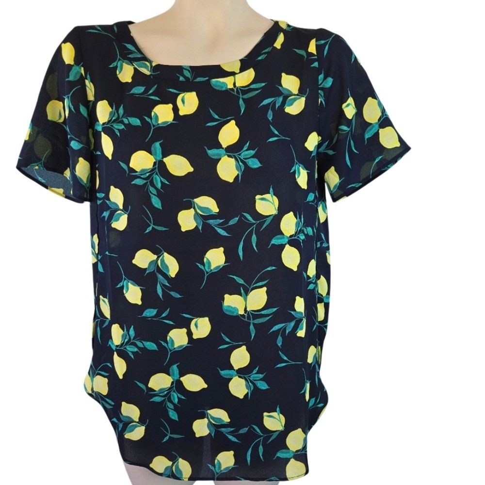 BANANA REPUBLIC Lemon Print Short Sleeve Blouse Navy Yellow Flowy X Small New
