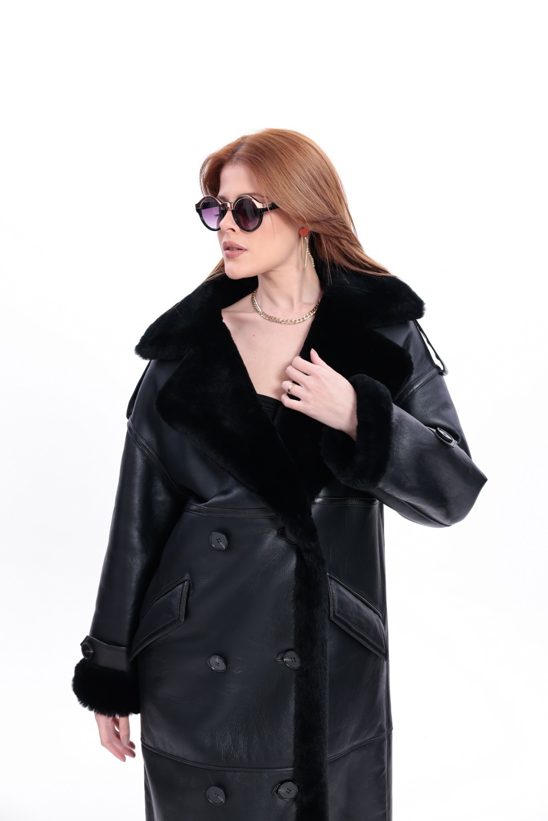 Women’s Black Shearling Coat Fur Collar Wide Collar Long 110 cm 43″