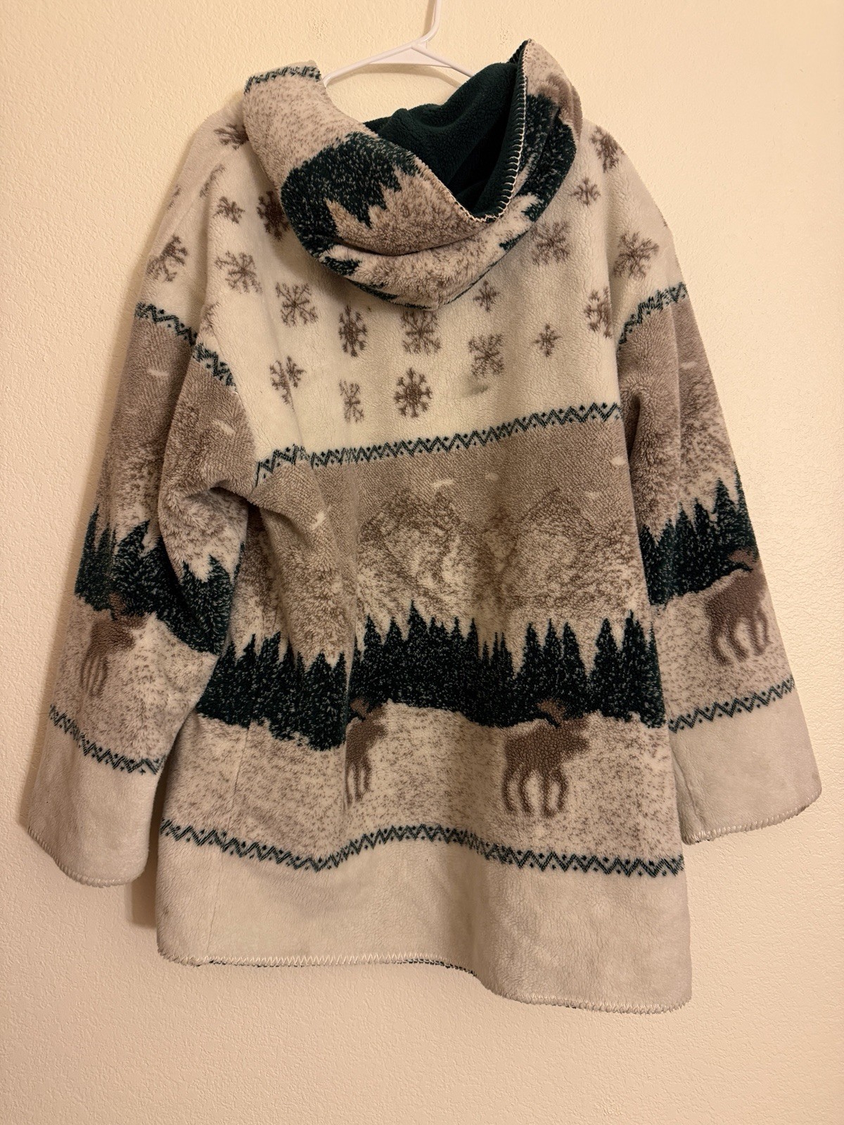 Vintage Denali Large Sherpa Fleece Hooded Long Nature Jacket Blanket Cozy Deer