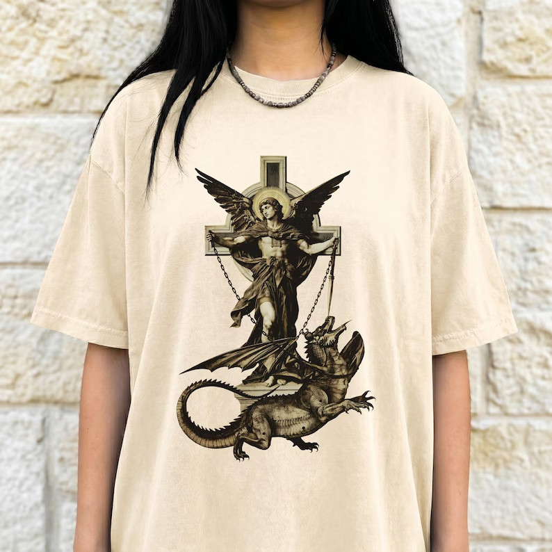 Saint Michael Shirt, Archangel Defeating Dragon Graphic Unisex Tee