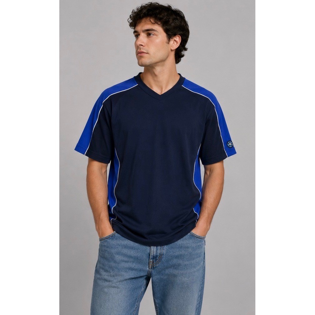 Vintage Unionbay Mens Blue V-Neck Soccer Jersey Shirt M/L USA Made Skate 90s