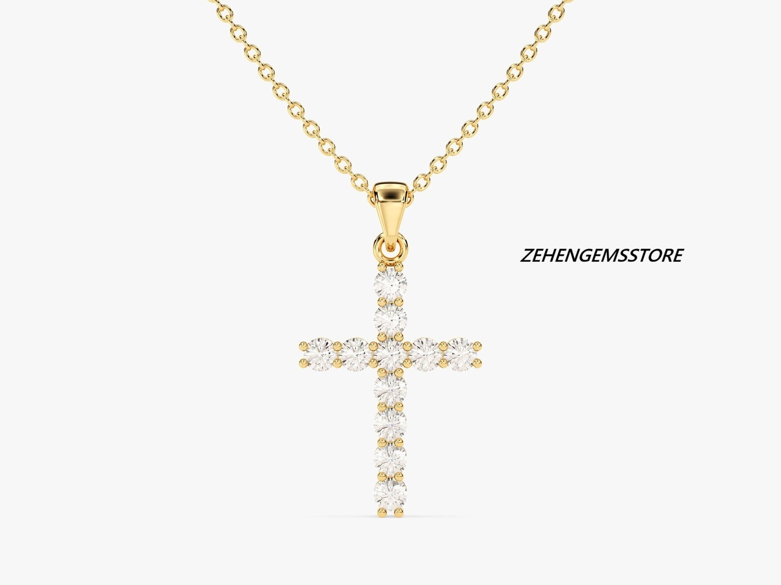 Lab created Sterling Silver Gold Plated Cross Pendant Necklace Cubic Zirconia CZ