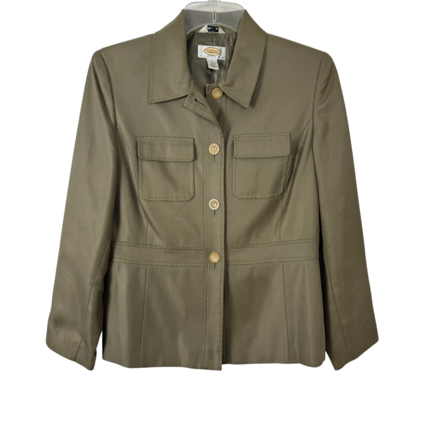 Talbots 100% Silk Olive Green Jacket Size 4P Button Career Casual Safari Blazer