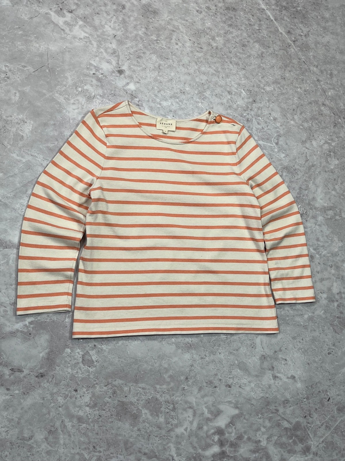 SEZANE Paris Women Striped Top Long Sleeve Button Shoulder Ecru Peach Orange