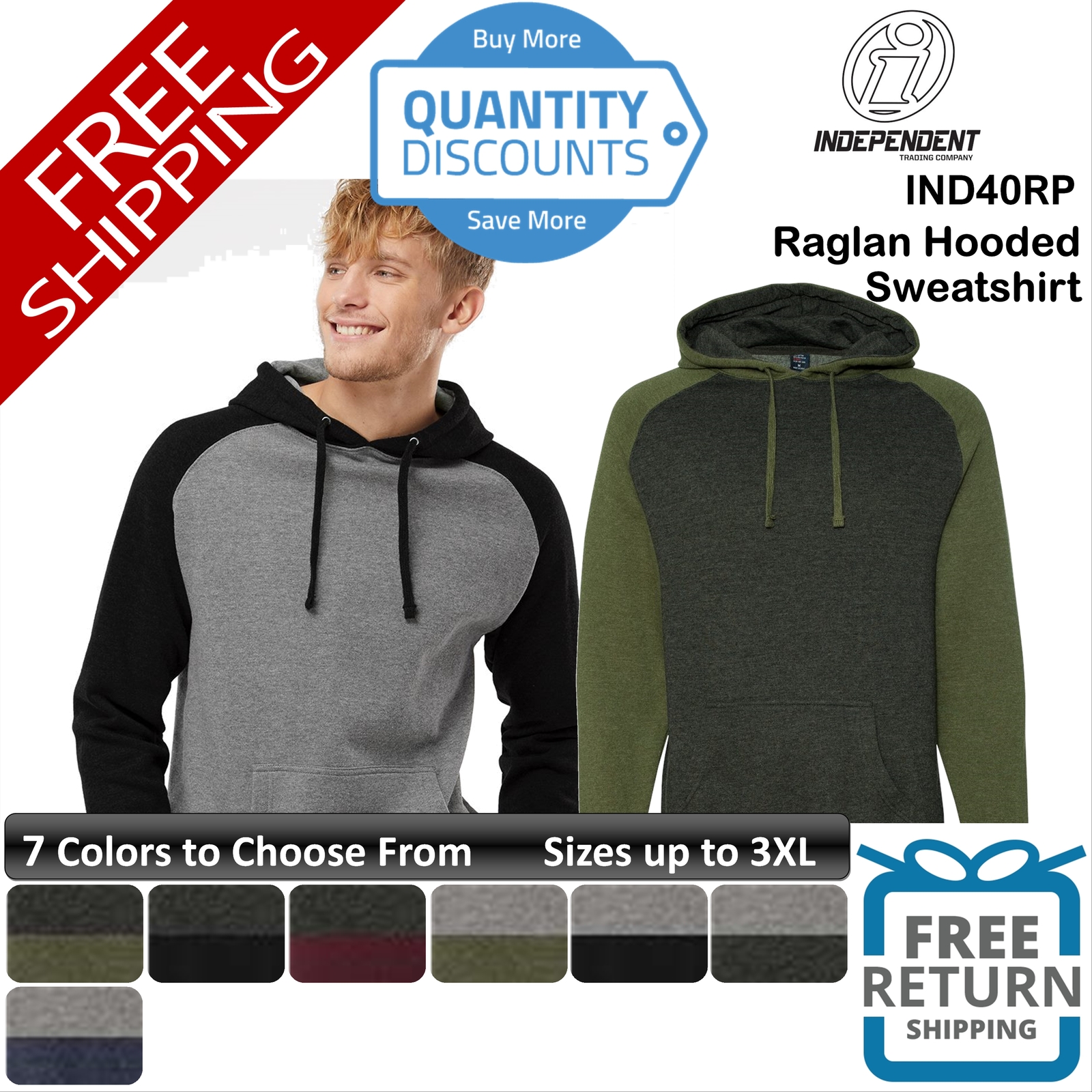 🔥 Independent Trading Co. Men Raglan Hooded Sweatshirt Up To 3XL Ind40rp