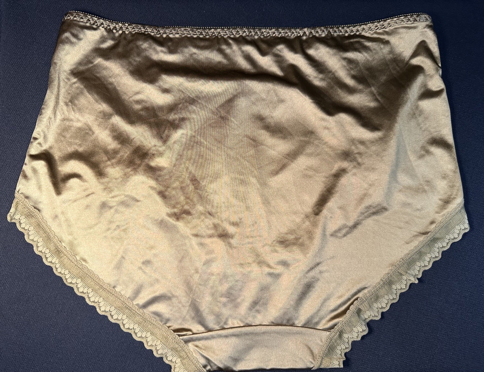 ~NWOT Champagne Gold Nylon & Lace Hi-Cut Size XL Lace Silky Soft Covers Well