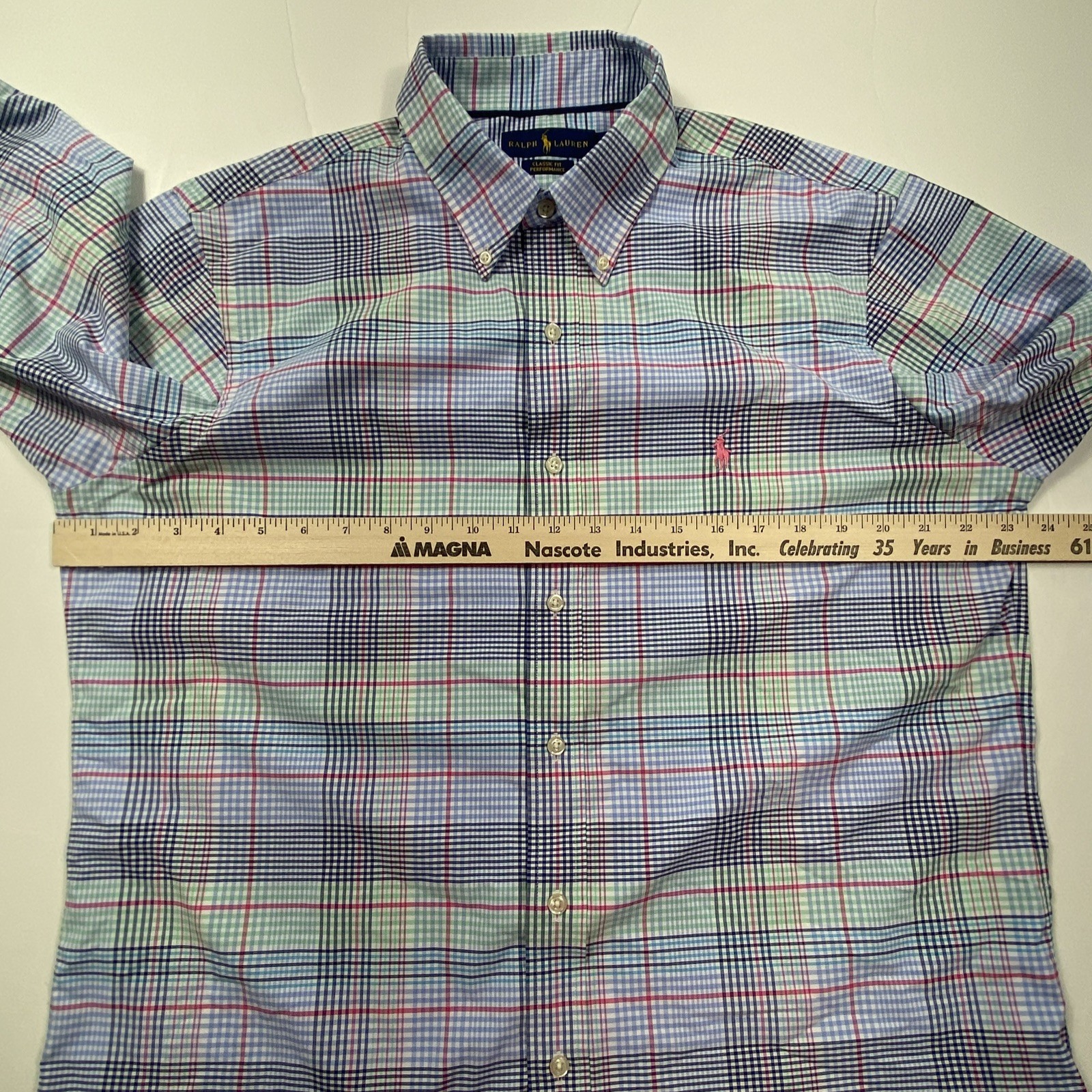 Polo Ralph Lauren Classic Fit Plaid Performance Shirt Nylon Poly Pink Blue Large