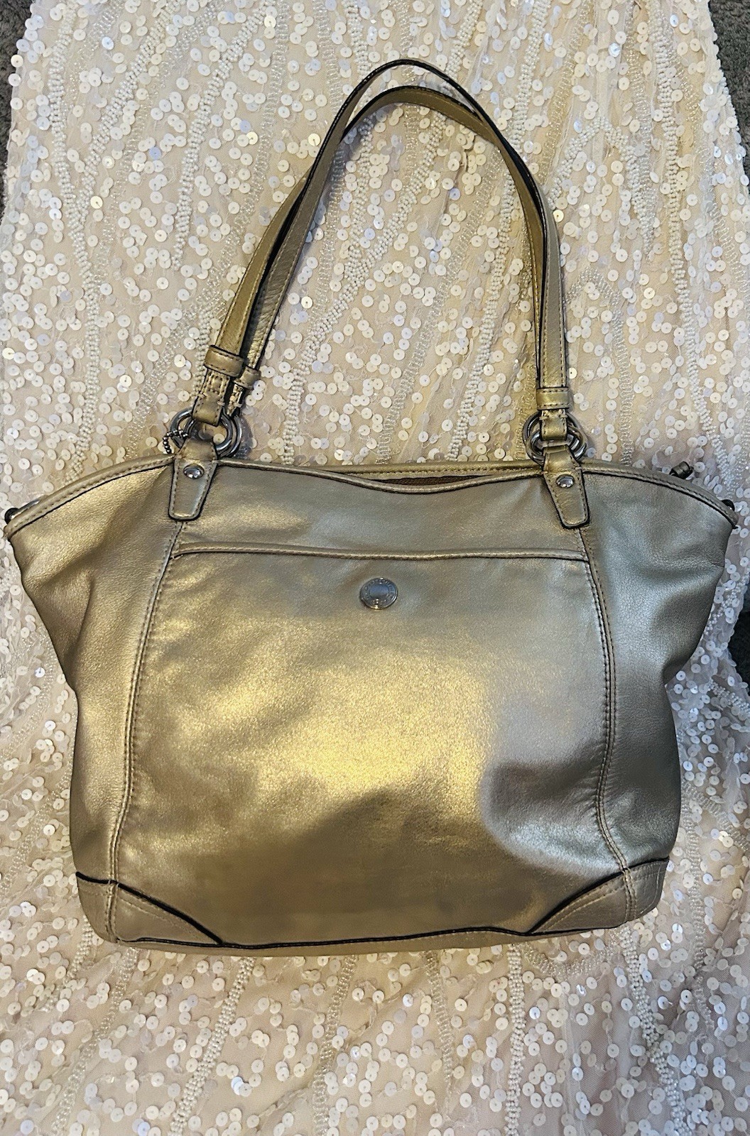 Coach Leah Leather Large Hand Bag Purse Satchel Tote Gold Metallic No 13173