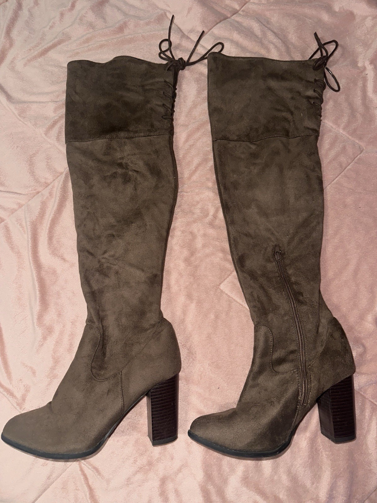 Gray Faux Suede Over the Knee Boots Almond Toe Block Heel Lined Zip US 7