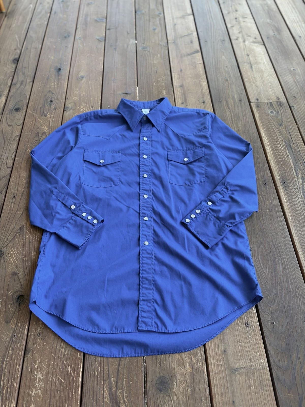 Vintage Malco Modes Blue Pearl Snap Western Shirt Size 17.5 35 Made in USA