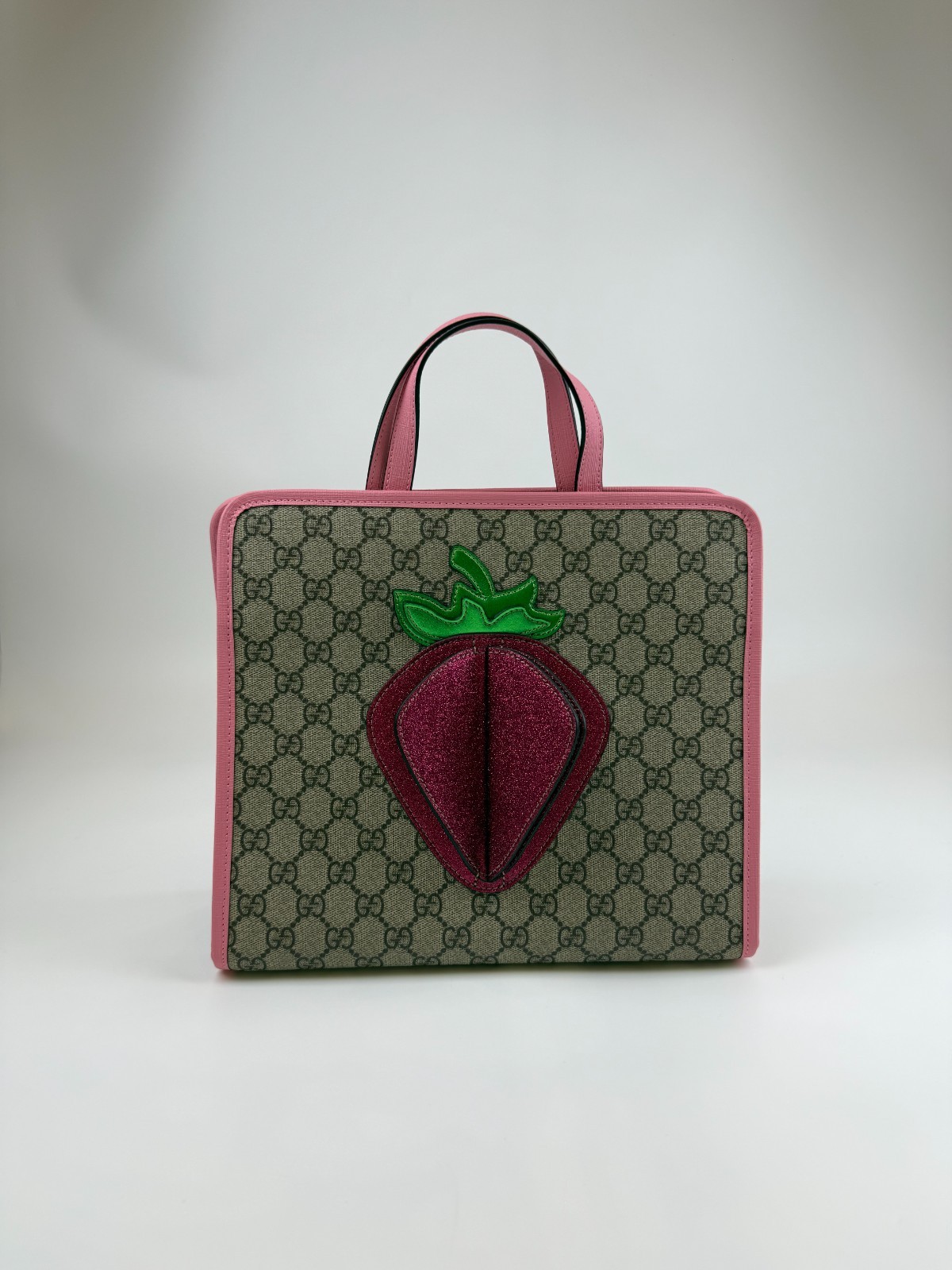 Gucci Kids GG Supreme 3D Strawberry Tote Handbag Pink Leather Trim
