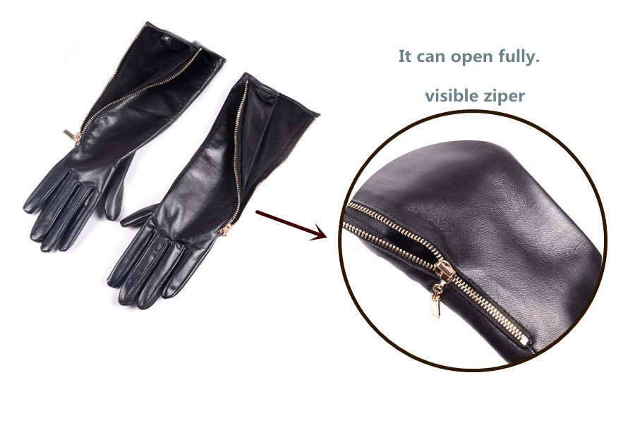 Custom made 30cm to 75cm Long Visible Side Zipper Style Real Sheep Leather Glove
