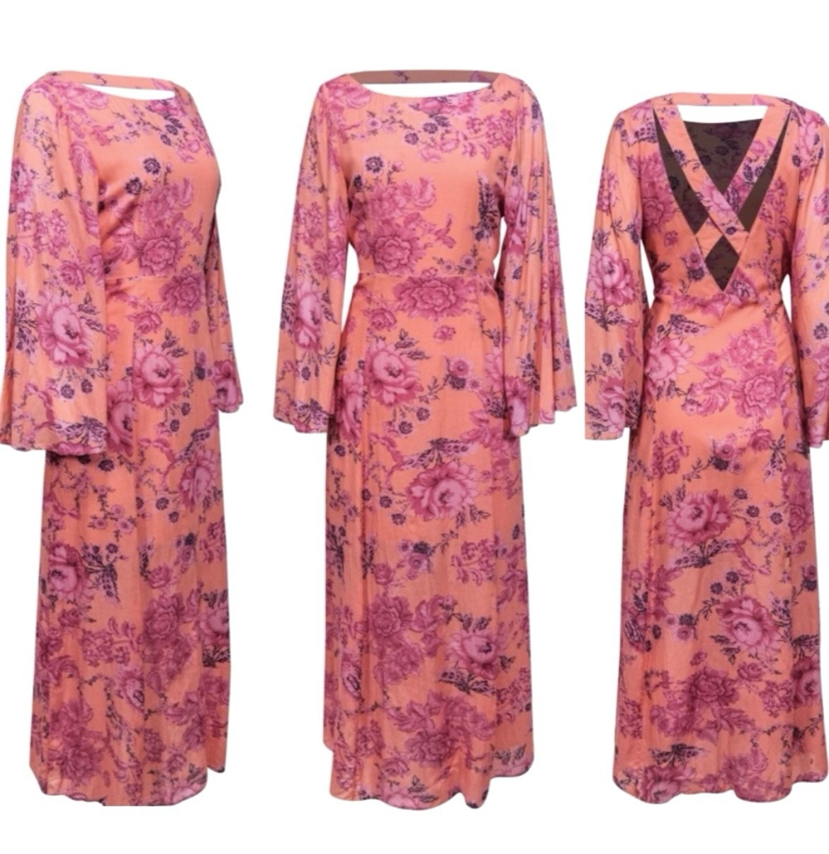 FREE PEOPLE Melrose Floral Open Back Maxi Dress Bell Sleeve Gown Pink 2