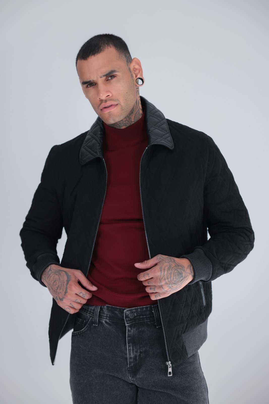 Men’s Genuine Suede Leather Bomber Jacket Black Rib Knit Zip 26″ – 65cm