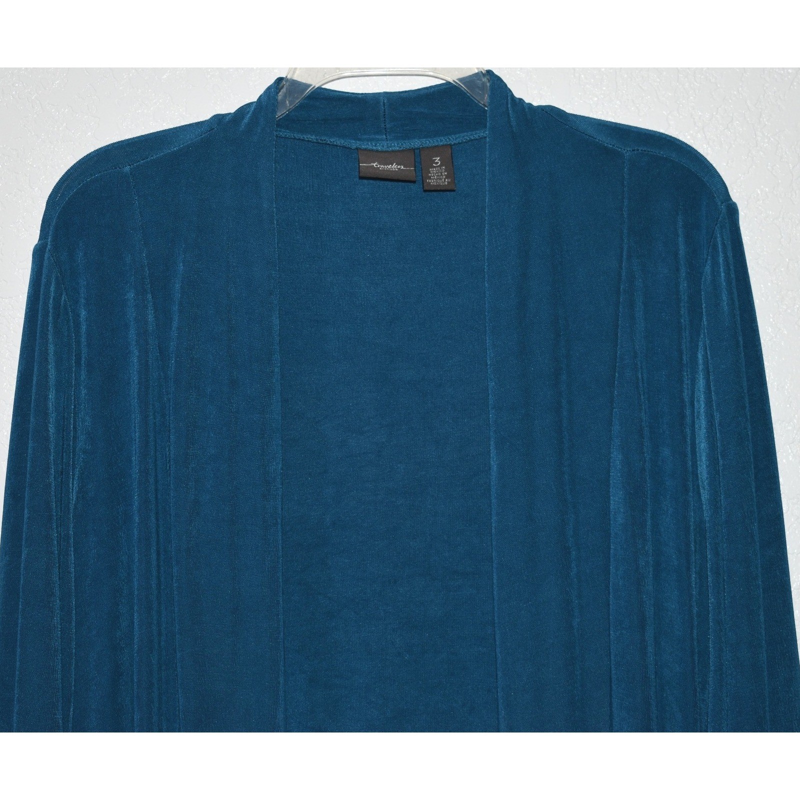 Chicos Travelers Teal Blue Open Front Slinky Knit Cardigan Jacket Size 3 XL