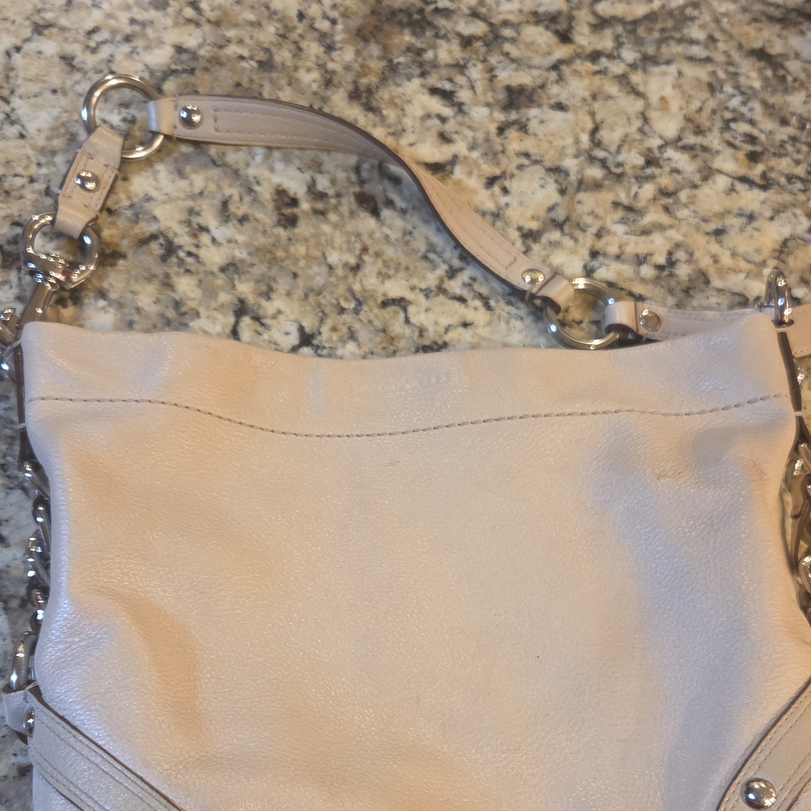 Coach Beige Pebbled Hobo Shoulder Bag Silver Hardware Purple Lining Zip