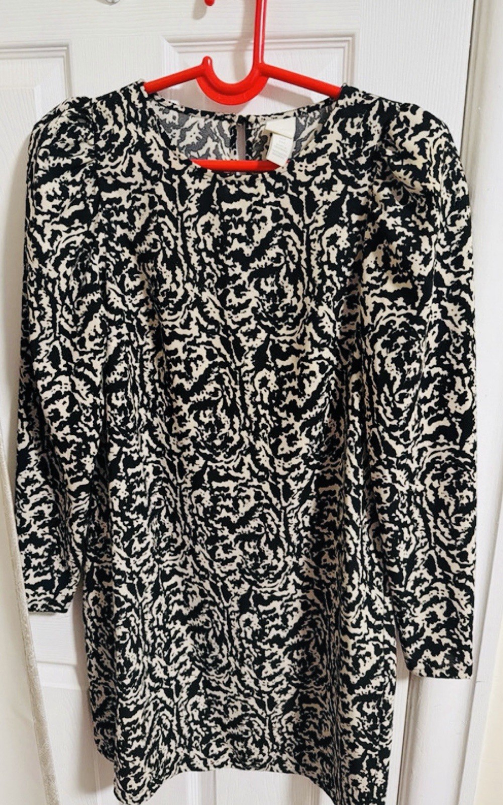 Mango Abstract Print Shift Dress Long Sleeve Round Neck Short Black White US S