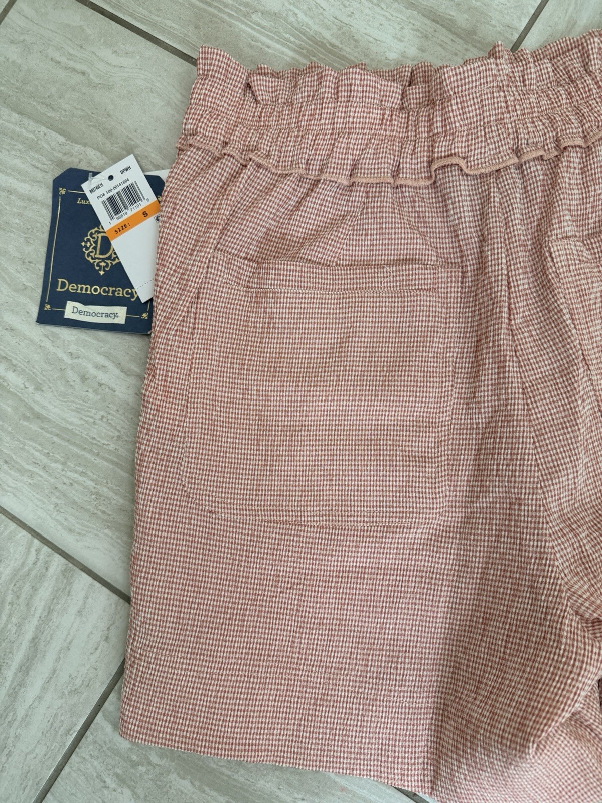Democracy Gingham Seersucker Pull-On Shorts Elastic Waist Pockets S Pink/White