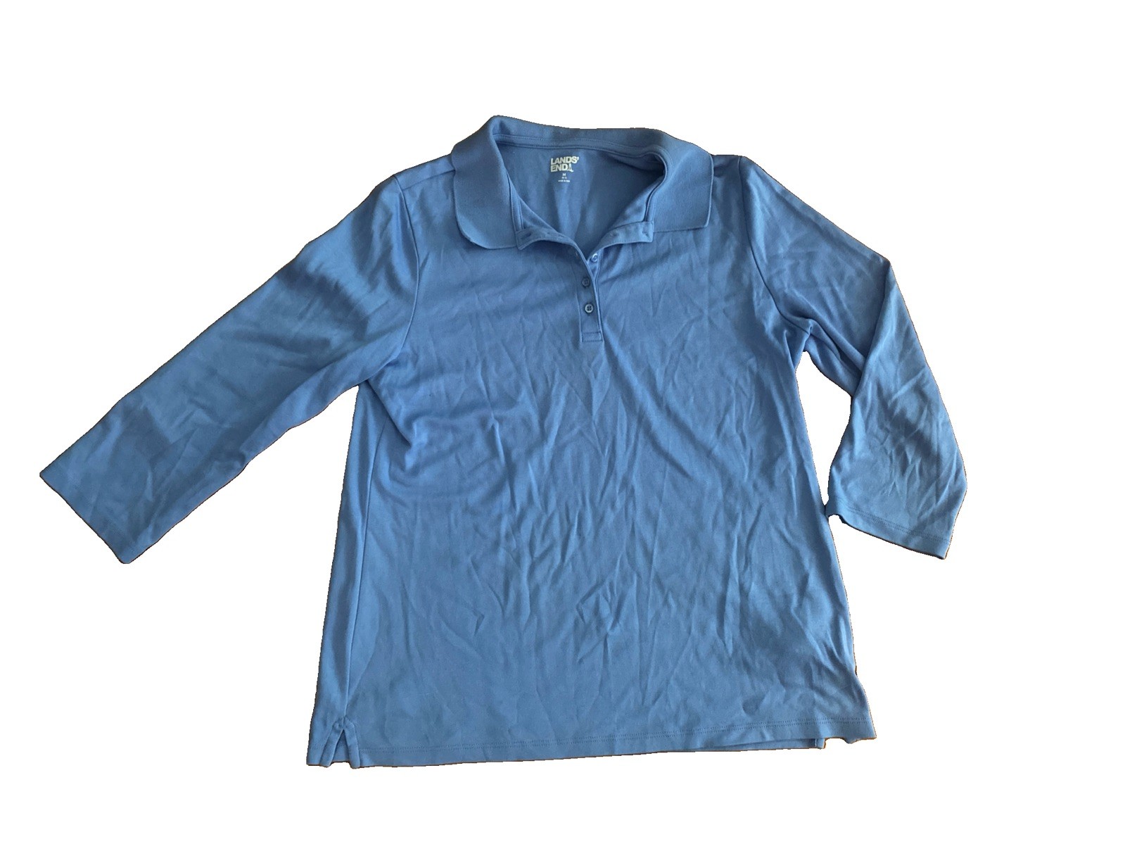 Lands End Polo Shirt Womens Size M Blue Elbow Sleeve Cotton Blend Top Size 10-12