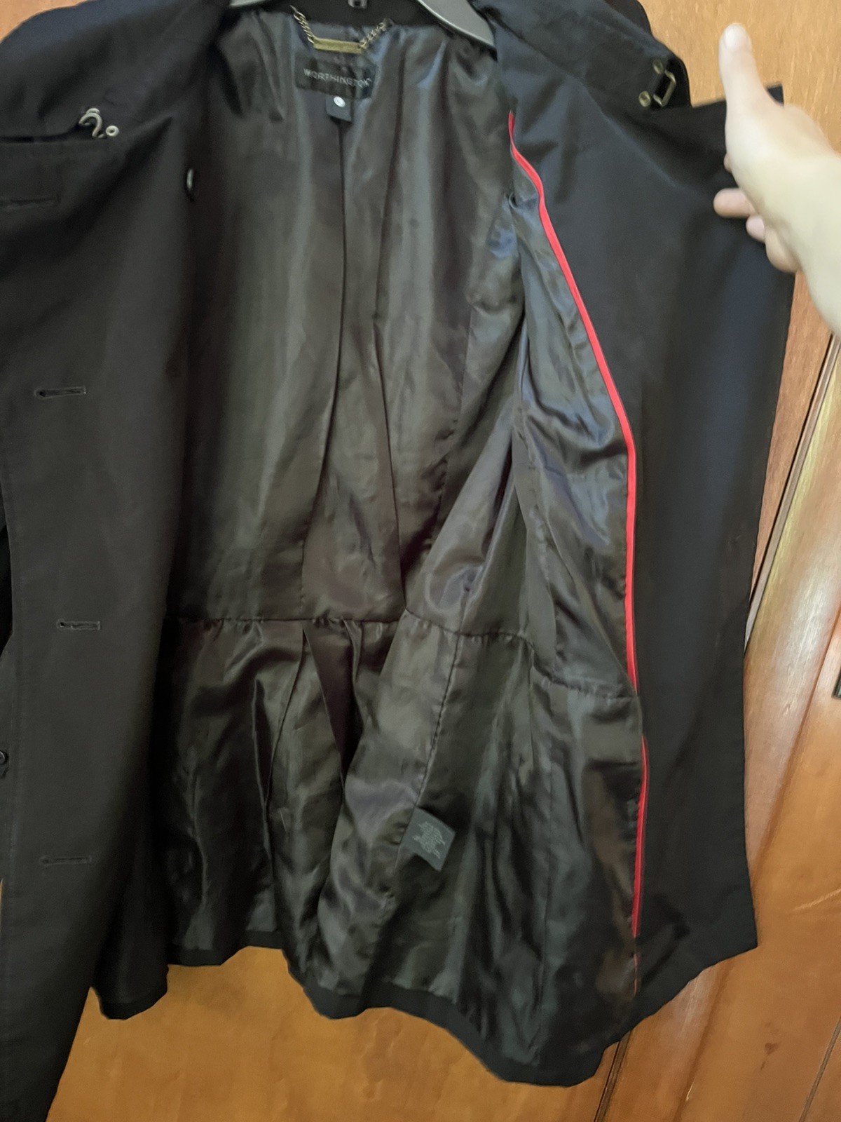 Worthing Black Trench Rain Coat Women’s Size L Mid Length Jacket Belted Classic