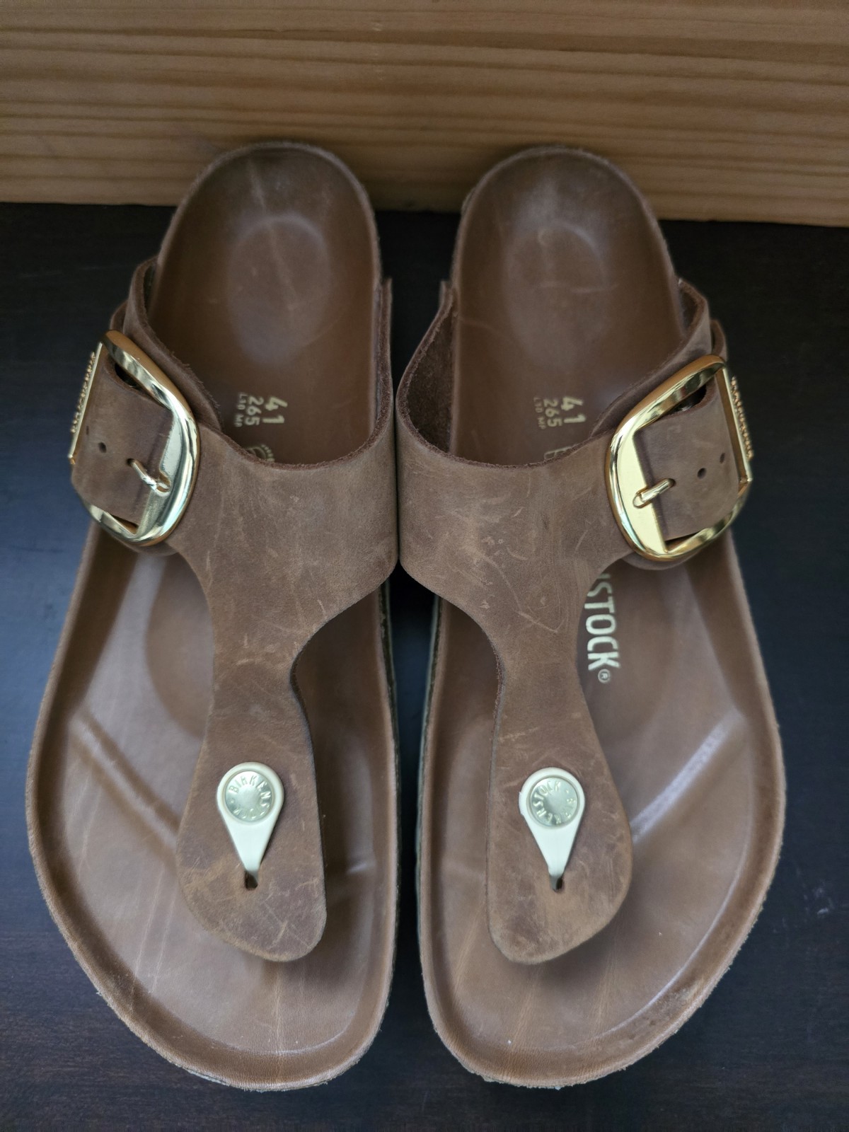 Birkenstock Gizeh Big Buckle Cognac Oiled Leather Sandals Gold Hardware Size 40