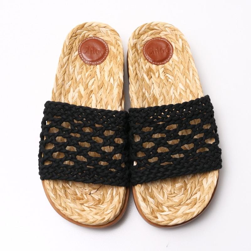 Chloe Flat Sandals Crochet Fabric Black Size EU38/US7.5
