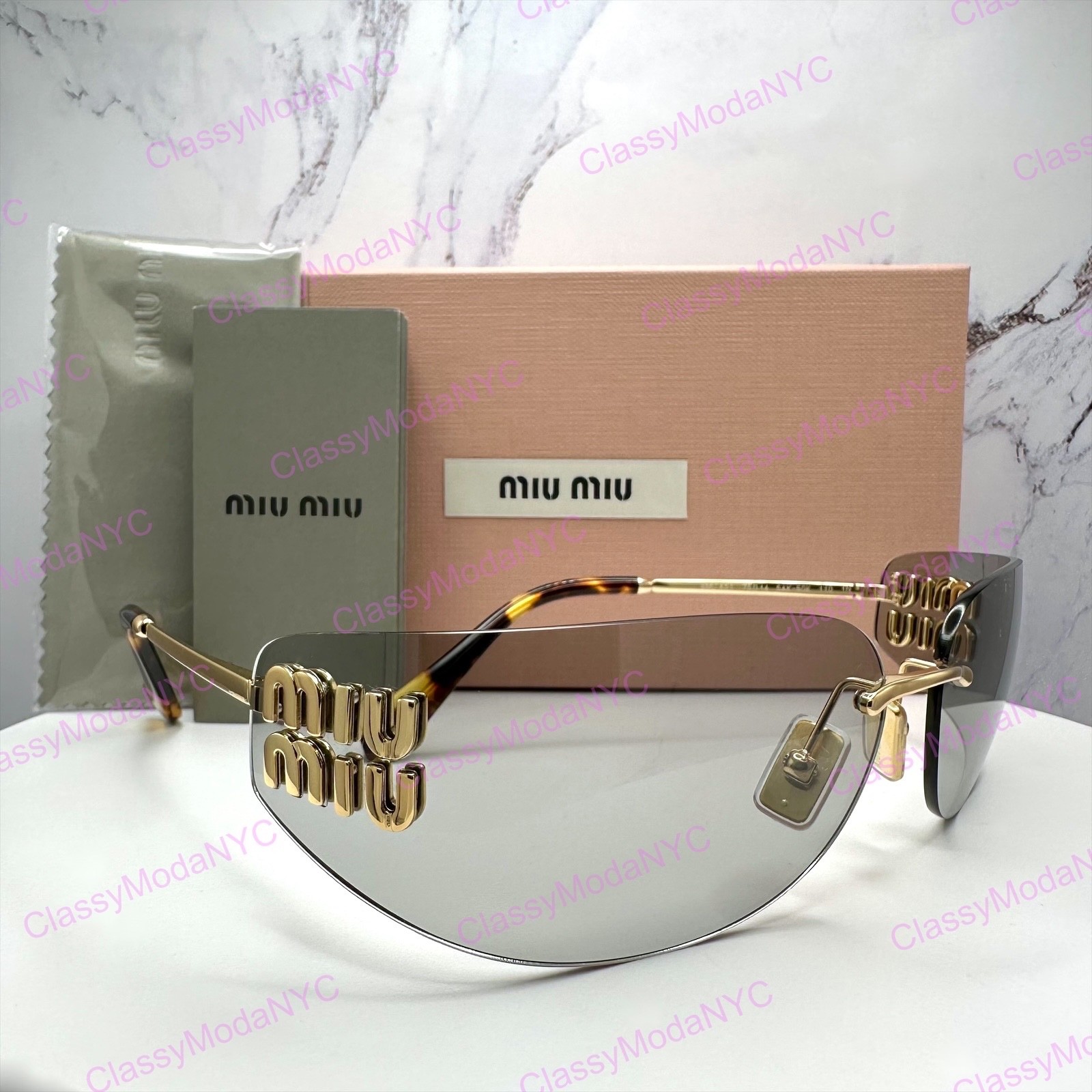 New MIU MIU Sunglasses Gold Slim Runway Wrap Rimless MU A51S 5AK50K Authentic