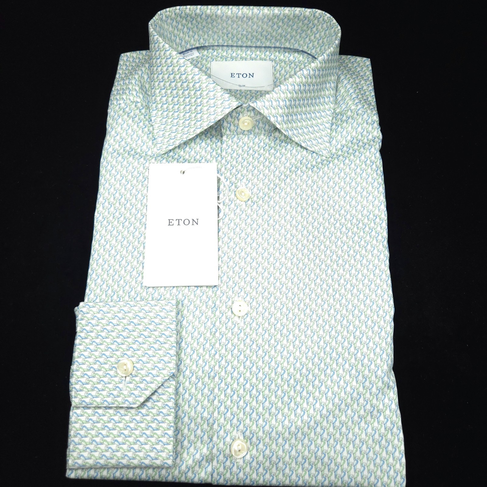Eton Dress Button Shirt 15.5 35 36 SLIM Blue White Green Parrot BIRD Print Twill