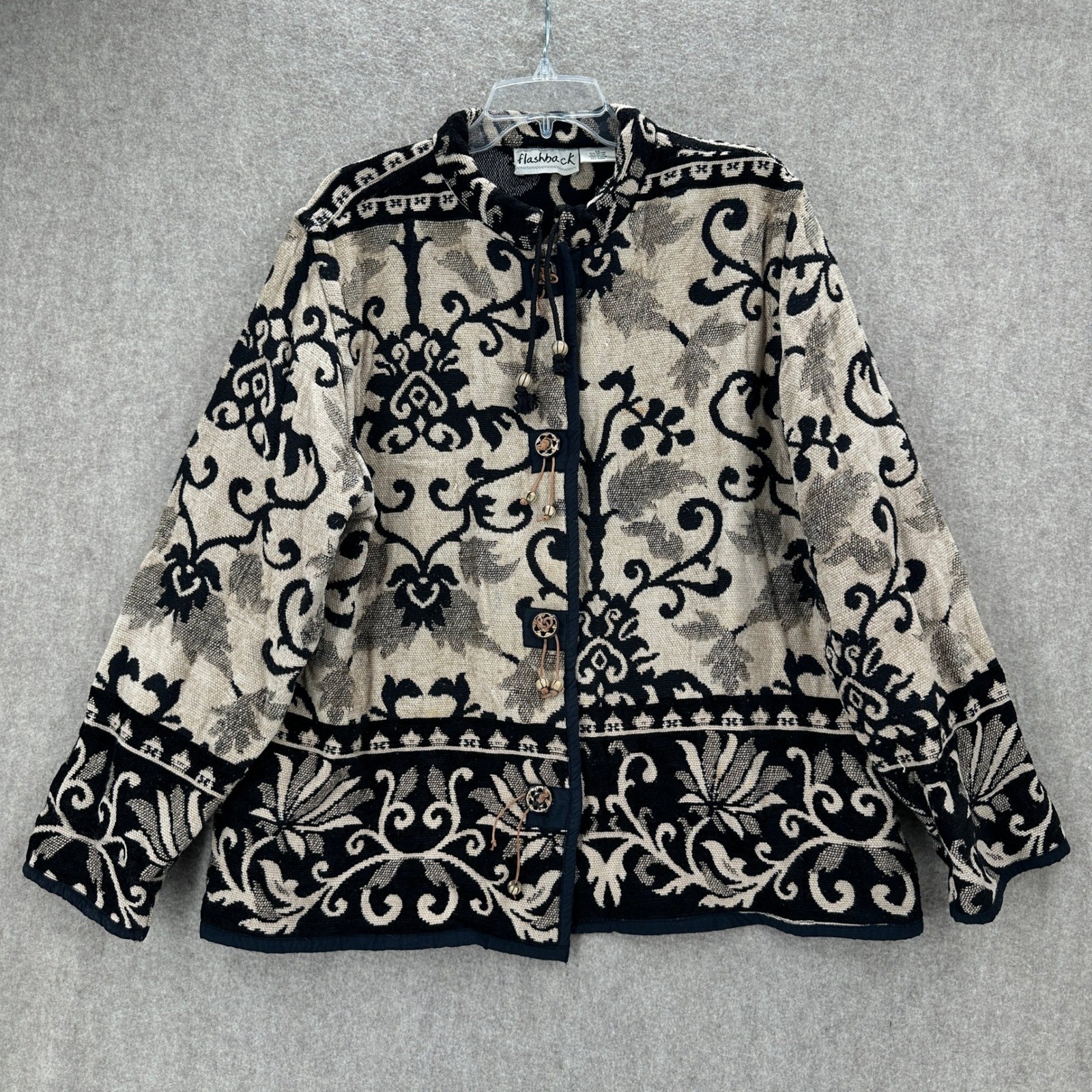 Flashback Tapestry Jacket Womens 3X Black Beige Damask Floral Toggle Button Boho