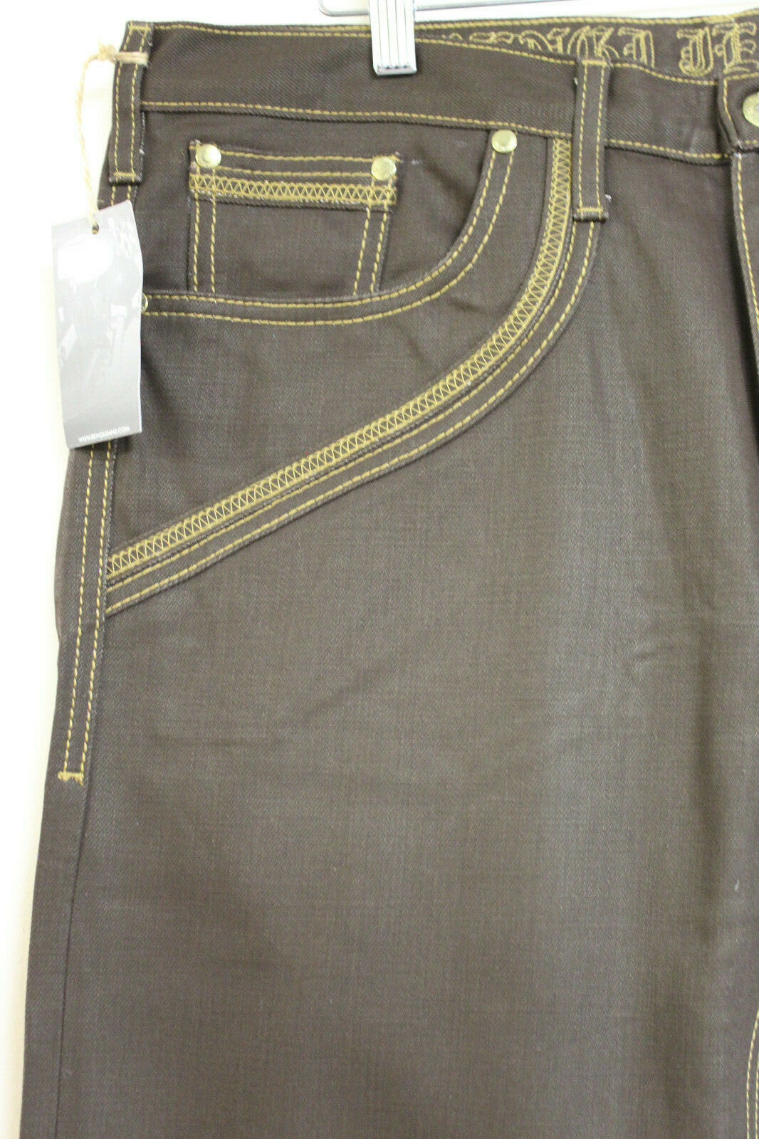 Bengi Jeans Co Mens Brown Denim Yellow Stitching Grenade Size 38W 34L