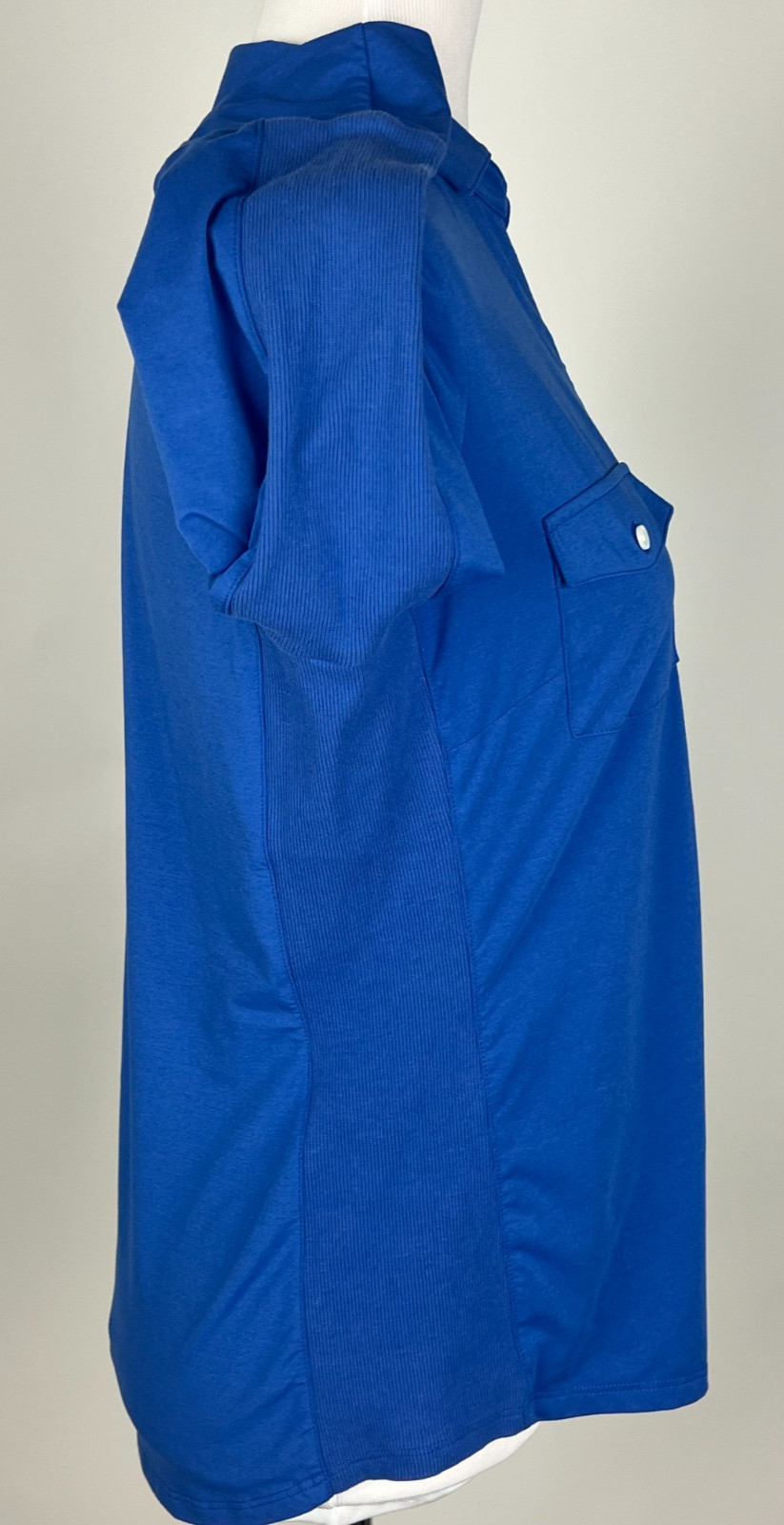 J.MCLAUGHLIN 3/4sl Knit Button Front Polo Shirt w/Ribbed Sides – M, Blue