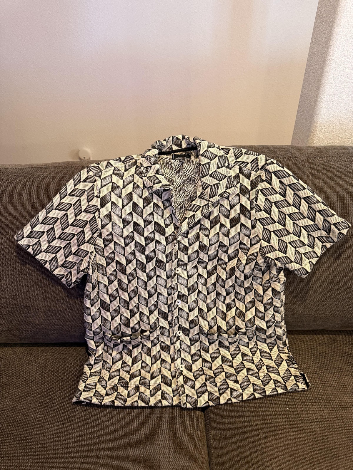 Todd Snyder Shirt Mens Large Black Geometric Knit Button Up Short Sleeve Pockets