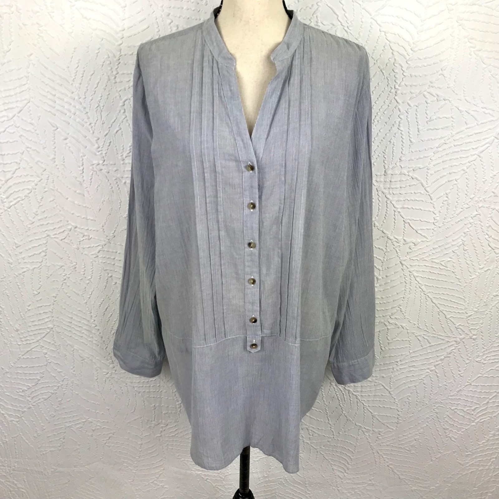 J Jill Blue/Gray Pleated Blouse Top Button Up 100% Cotton Cottagecore Size XL